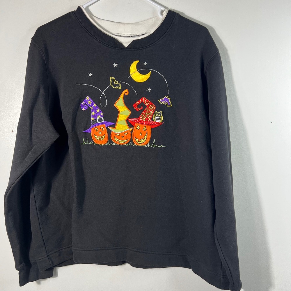 Vintage White Stag Halloween Pumpkins Witch Hat Sweatshirt Black XL